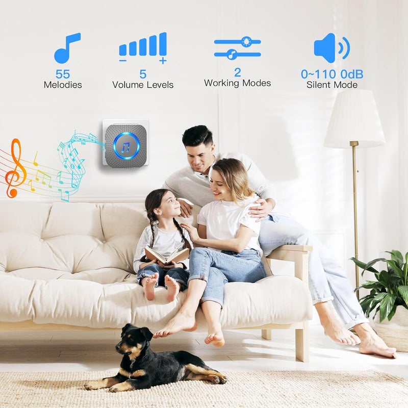 SURFOU Wireless Doorbell, Waterproof, Easy installation -1300ft Range 55 Chimes, 5 Adjustable Volume Levels - LED Flash (2 Buttons+2 Receivers) - Image 4